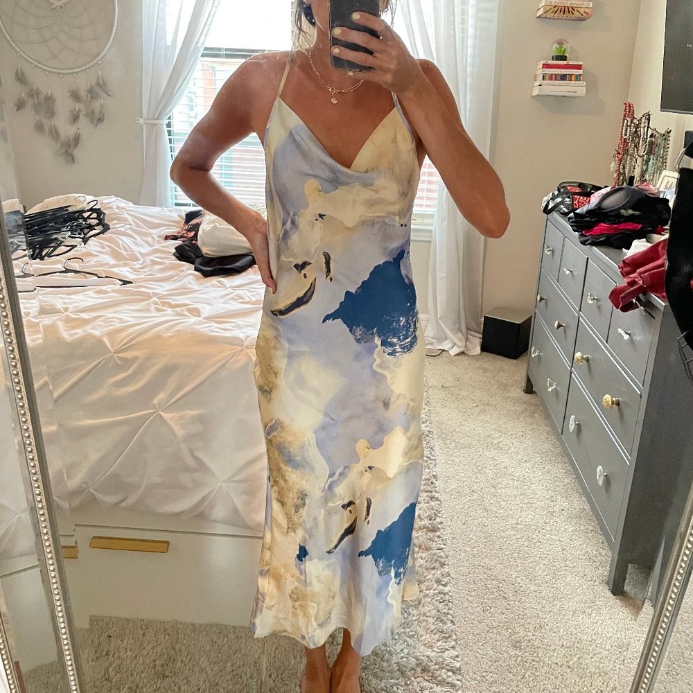 Cowl neck, open back satin midi dress